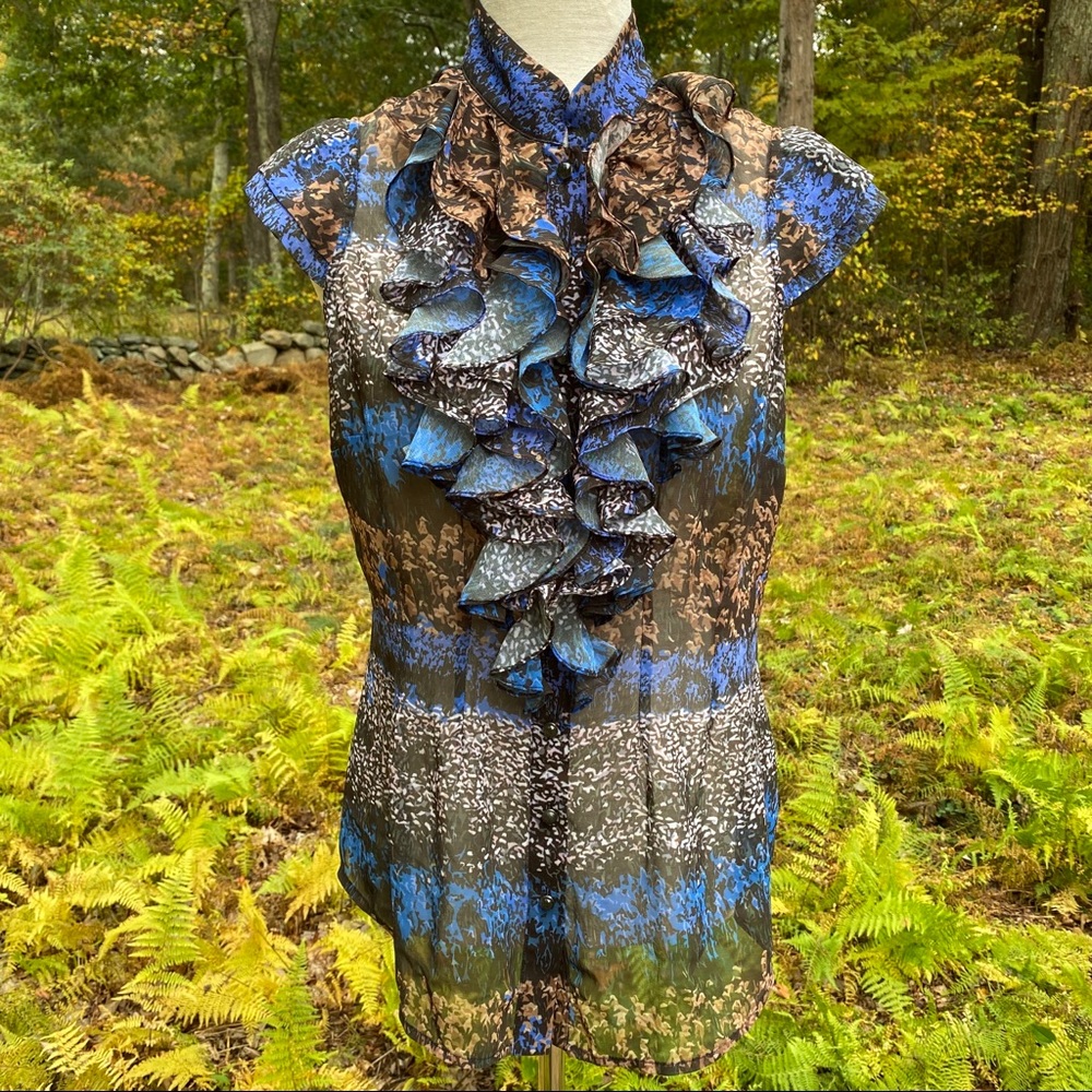 ETCETERA TOP BLOUSE RUFFLE BLUE BROWN SHEER CAP SLEEVE Size 6